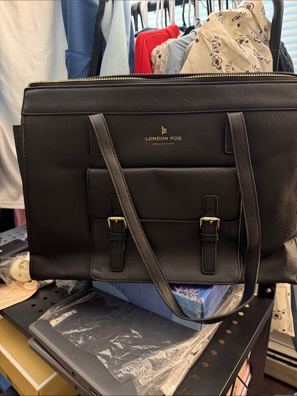 London Fog Black Leather Brief Tote with Front Buckle Pocket